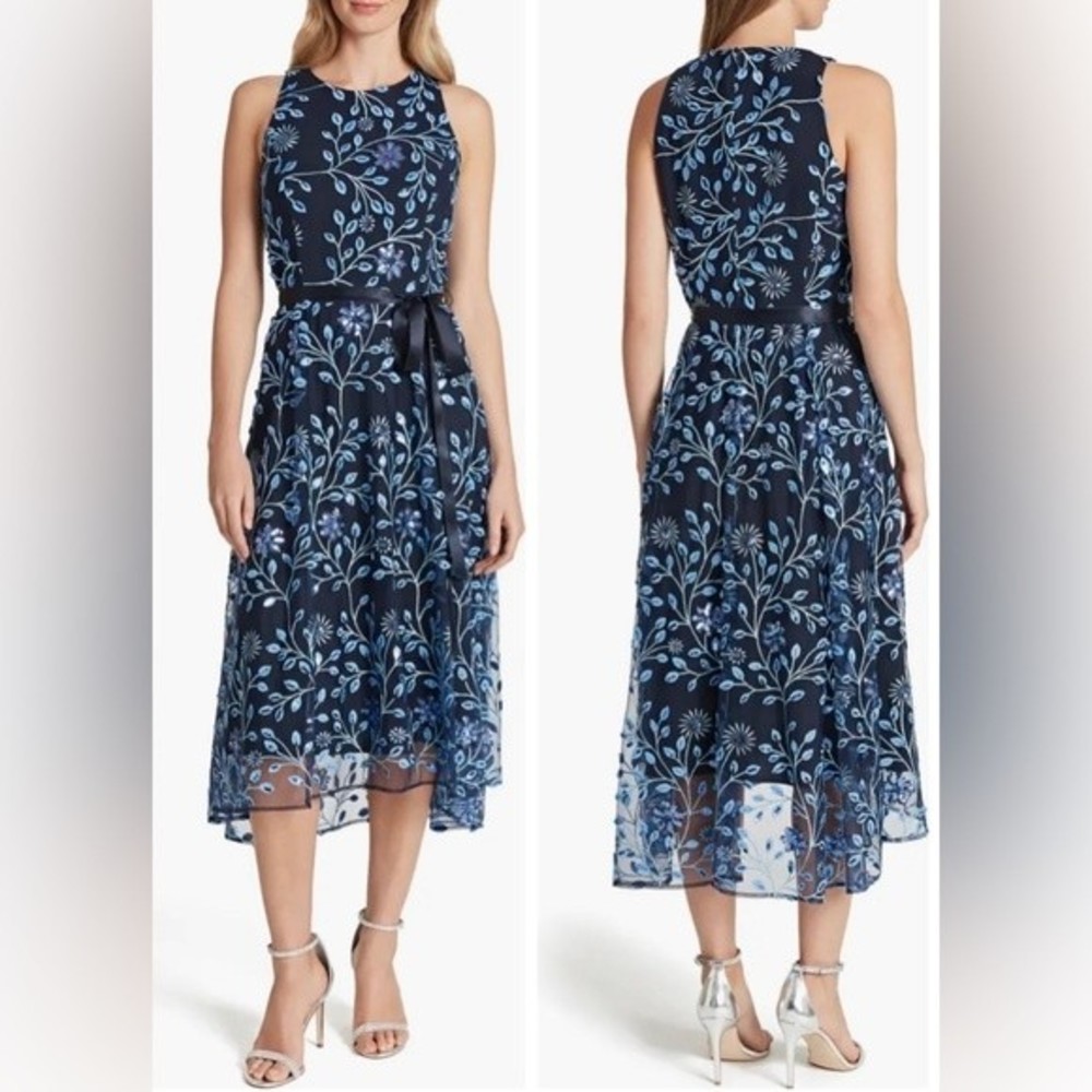 Tahari ASL Blue Floral Sequin Embroidered Cocktail Midi Dress Size 12